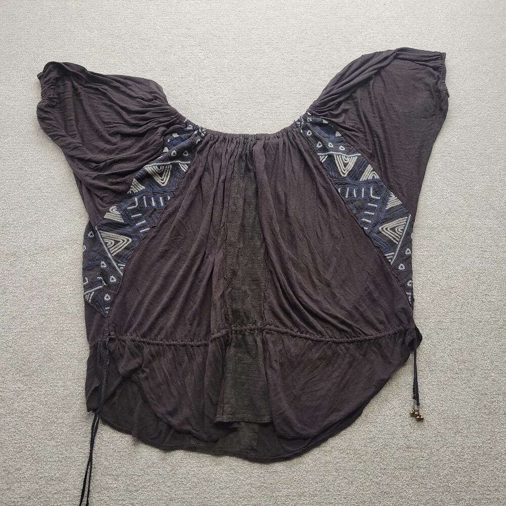 Free People Women Small Boho Peasant Top Embroidered Bell Sleeve Drawstring
